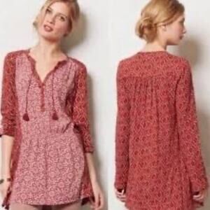 AKEMI + Kin ANTHRO Women's Humboldt Tunic Top Boho Red Floral Tasseled Medium